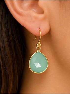 NEW - Genuine Chalcedony Teardrop Earrings Gold Filled Faceted Gemstone 1.5”